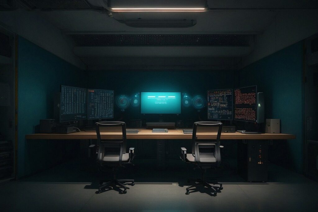 Ai gegenereerde foto van een studio van 2 hackers.