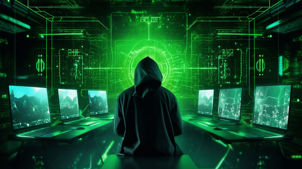 Een ai gegenereerde foto van een man die aan het hacken is op meerdere laptop ter gelijke tijd.